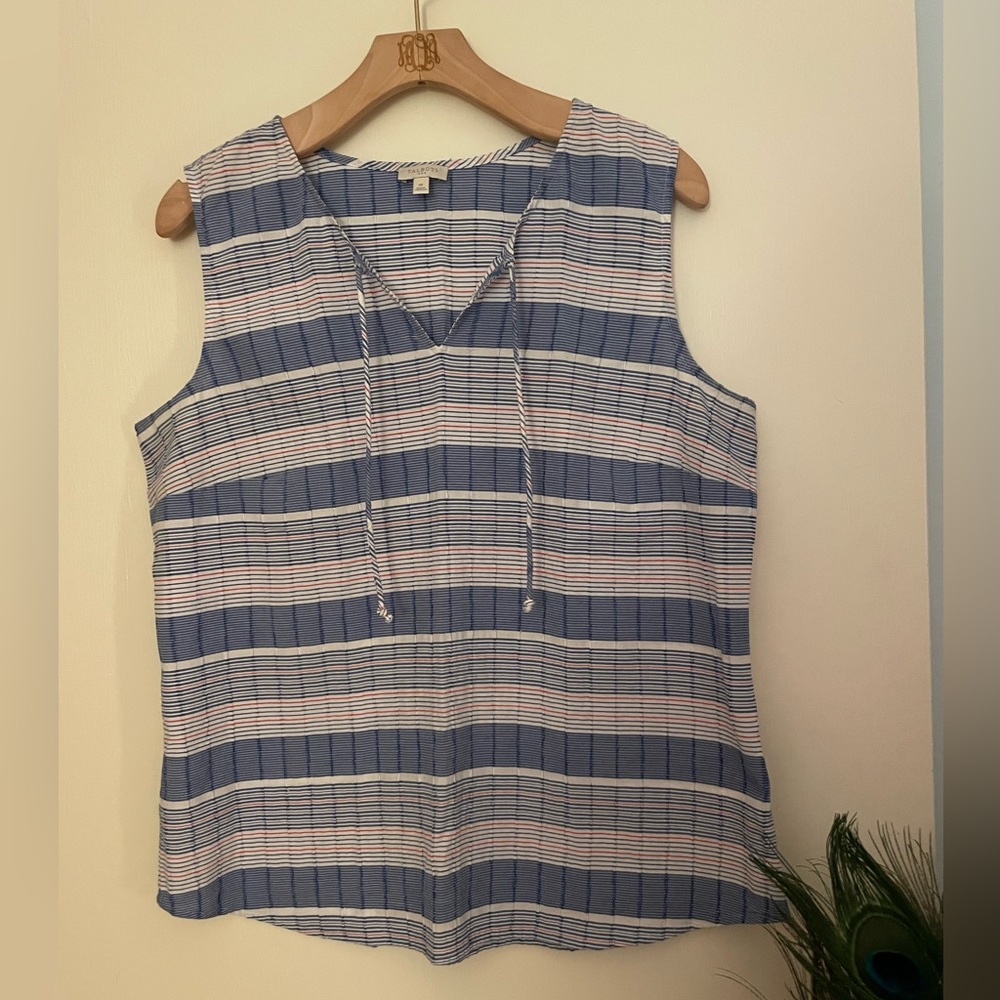 Talbots red, white, blue striped sleeveless top, rounded hem